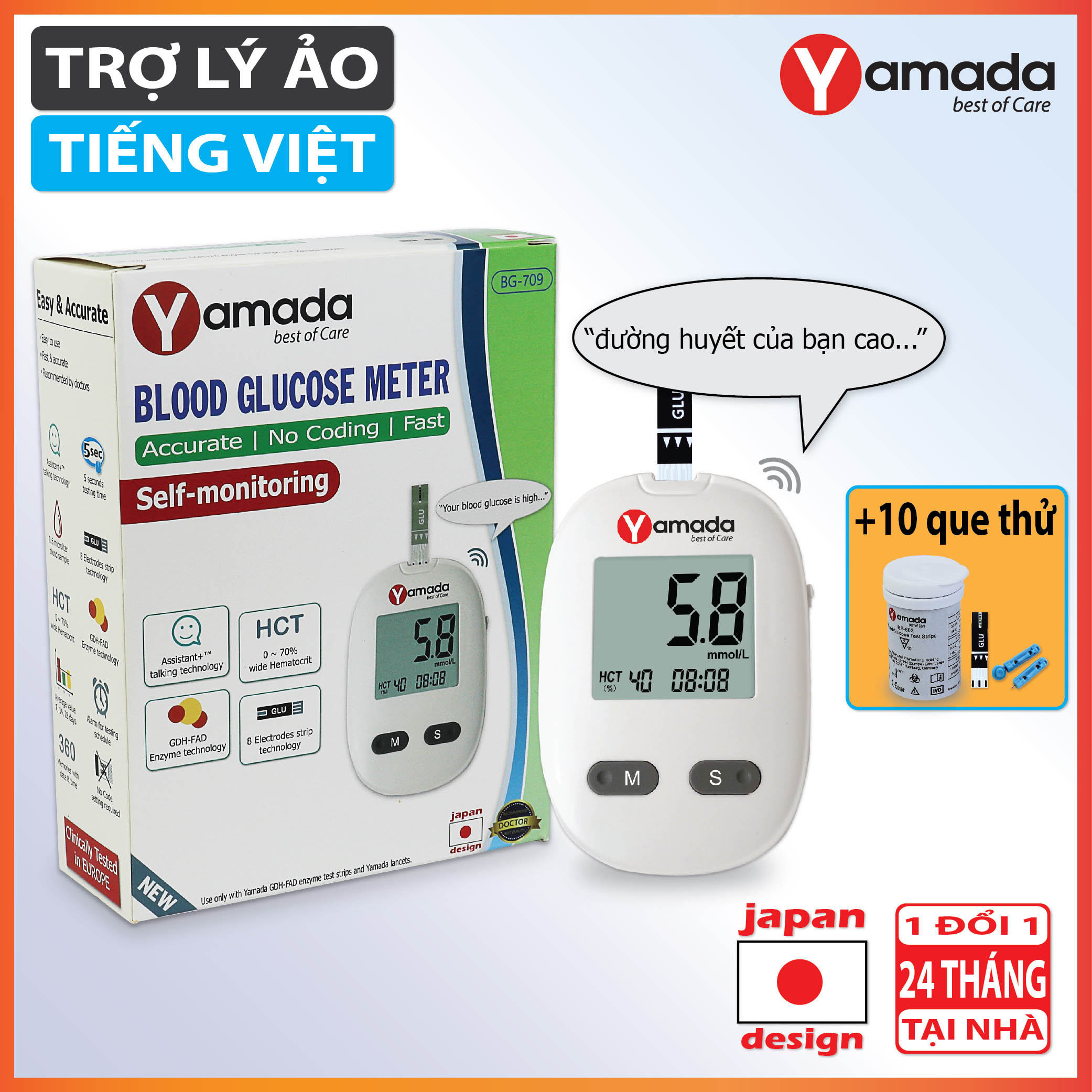 Máy đo đường huyết Yamada - Giọng nói tiếng Việt thông minh, đo chỉ số hồng cầu HCT, tặng 10 que thử