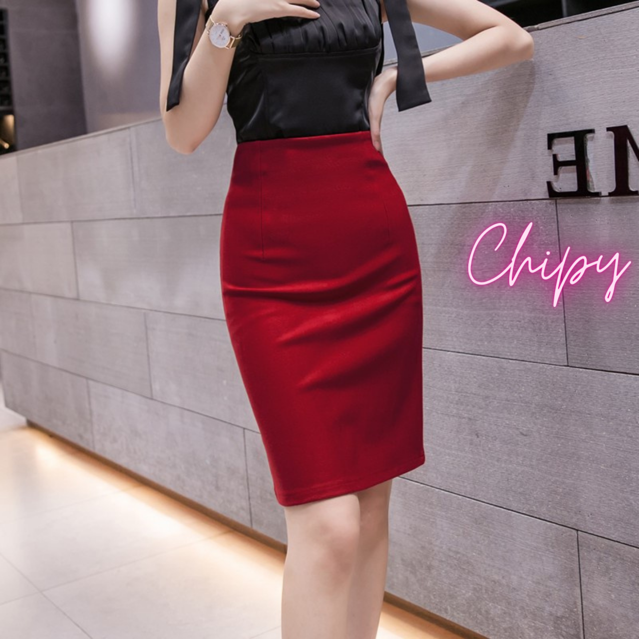 Chân Váy Công Sở Bút Chì Dài Tới Gối Màu Đỏ CHIPY From Ôm Lưng Thun Cạp Cao Cá Tính Kiểu Vintage, Ulzzang Đẹp MCV222