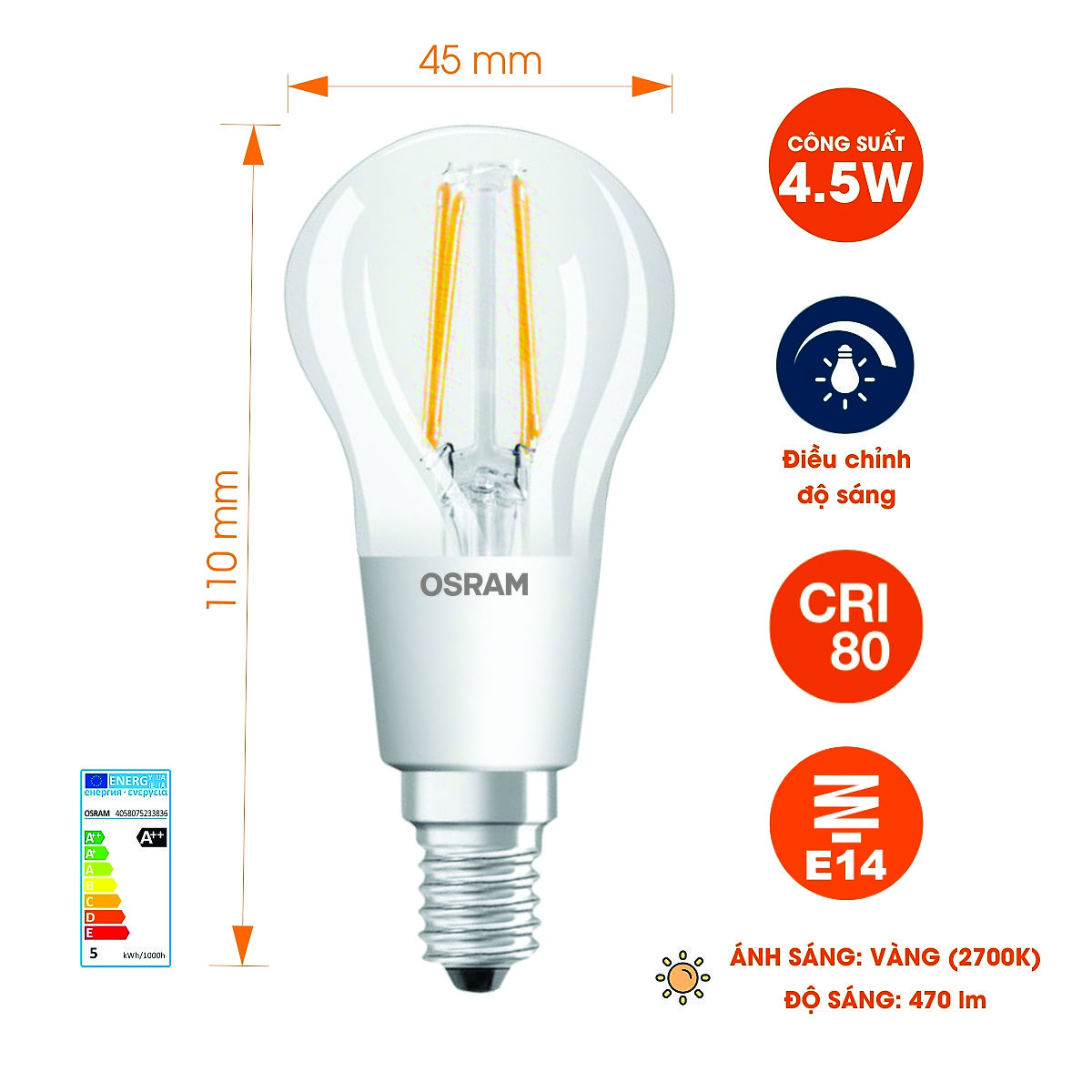 Bóng đèn LED PARATHOM DIM CLASSIC B40 4.5W đui đèn E14 DIMMABLE OSRAM - Ánh sáng (Vàng 2700K)