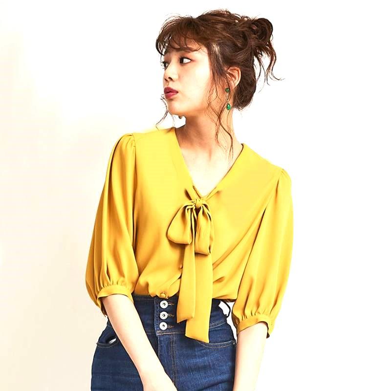 [L2M] Áo sơ mi kiểu nữ kate lụa tay lửng CỘT NƠ CỔ siêu xinh và thanh lịch