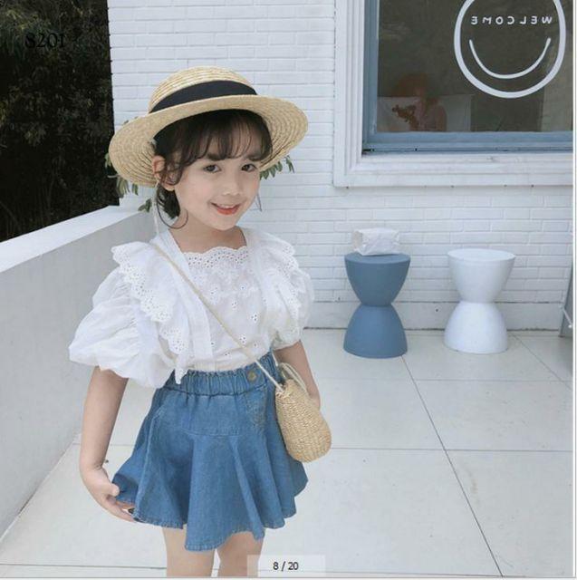 Set áo sơ mi kèm chân váy denim xuất Hàn cho bé