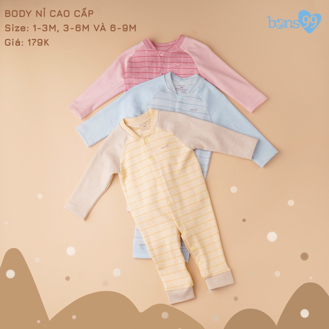 Bộ liền thân unisex bé trai bé gái chất nỉ dày dặn 1-9M Mixi Kids BUS0010B