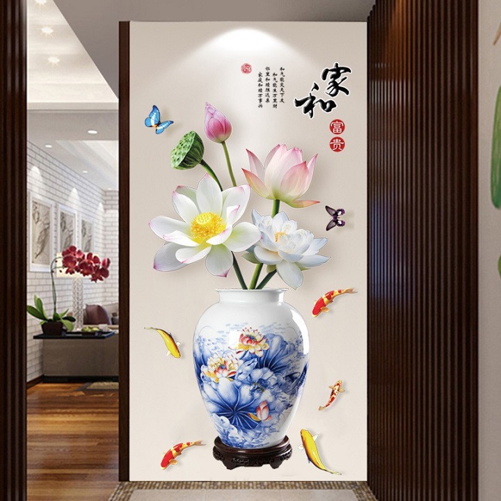 Decal dán tường 3D combo chim công và bình sen xanh sang trọng
