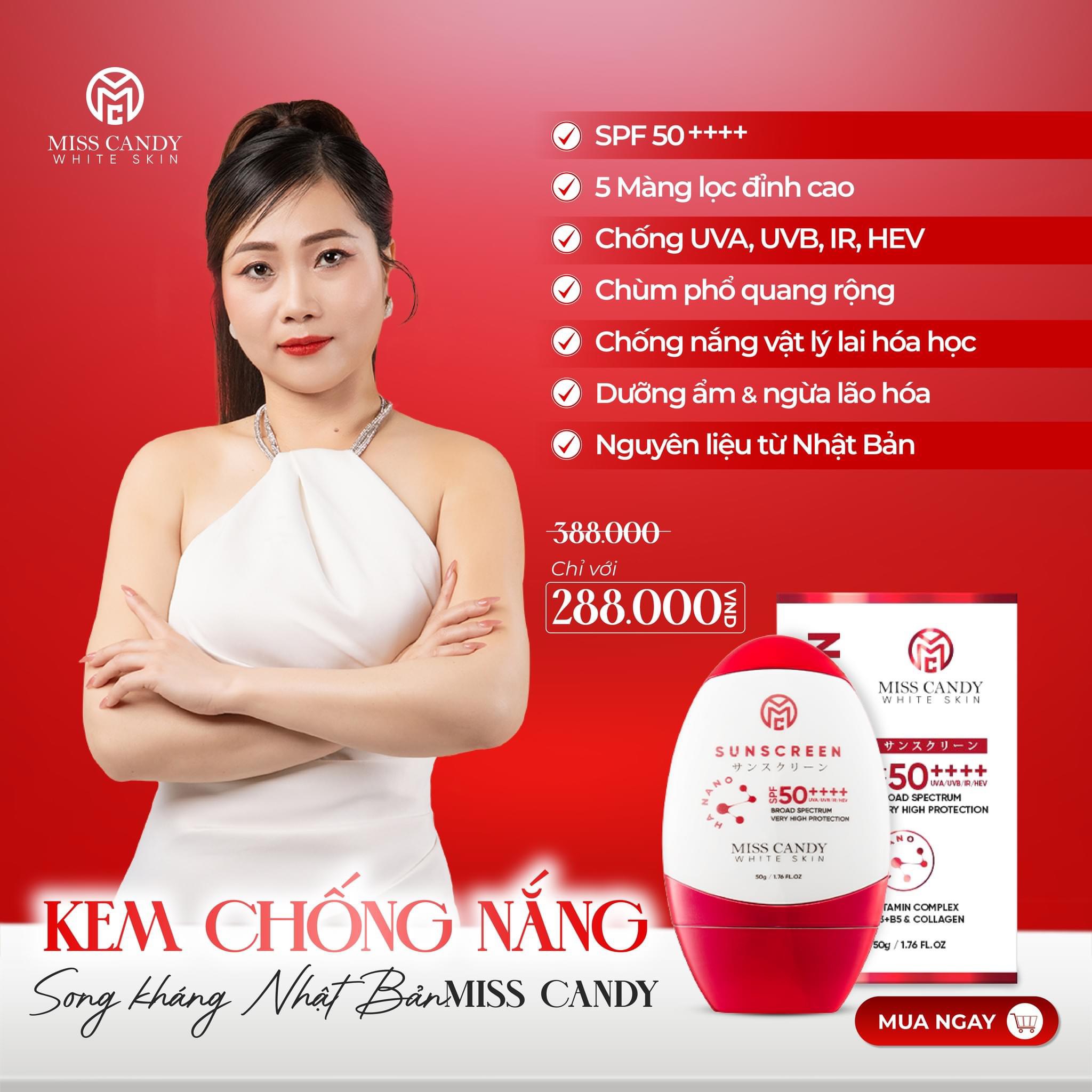 Kem Chống Nắng Song Kháng Nhật Bản MISS CANDY SUNSCREEN HA NANO SPF 50,PA ++++ 50g, Chống Nước, Chống UVA/UVB, Chống Ánh Sáng Xanh & Tia Hồng Ngoại,Bảo Vệ Da Lên Đến 8 Tiếng - Gia Tuệ House