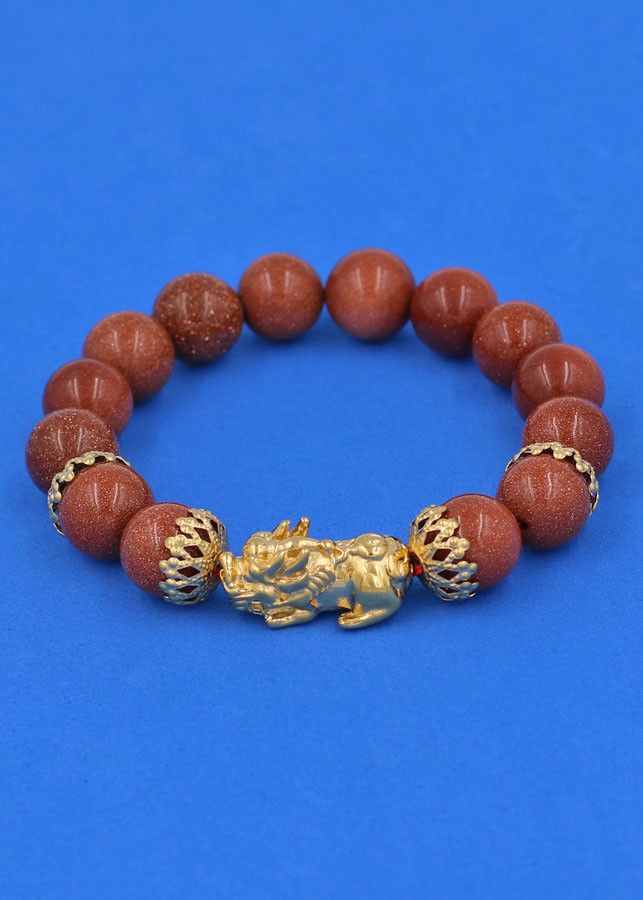 Chuỗi đeo tay Đá Kim Sa 12 ly - cẩn Tỳ Hưu Phong Thủy inox vàng Chiêu Tài Lộc VKSTHBKV12 - Vòng tay, lắc tay phong thủy