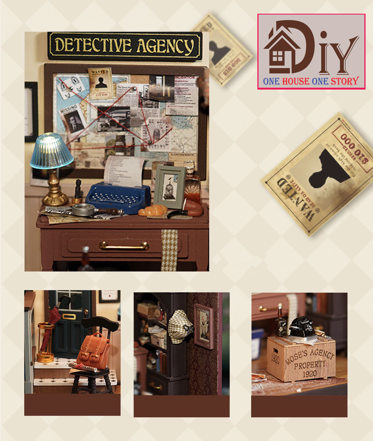 [Bản tiếng Anh]Mô hình nhà búp bê tự lắp ráp bằng gỗ MOSE'S DETECTIVE AGENCY DIY- Quà tặng sinh nhật giáng sinh