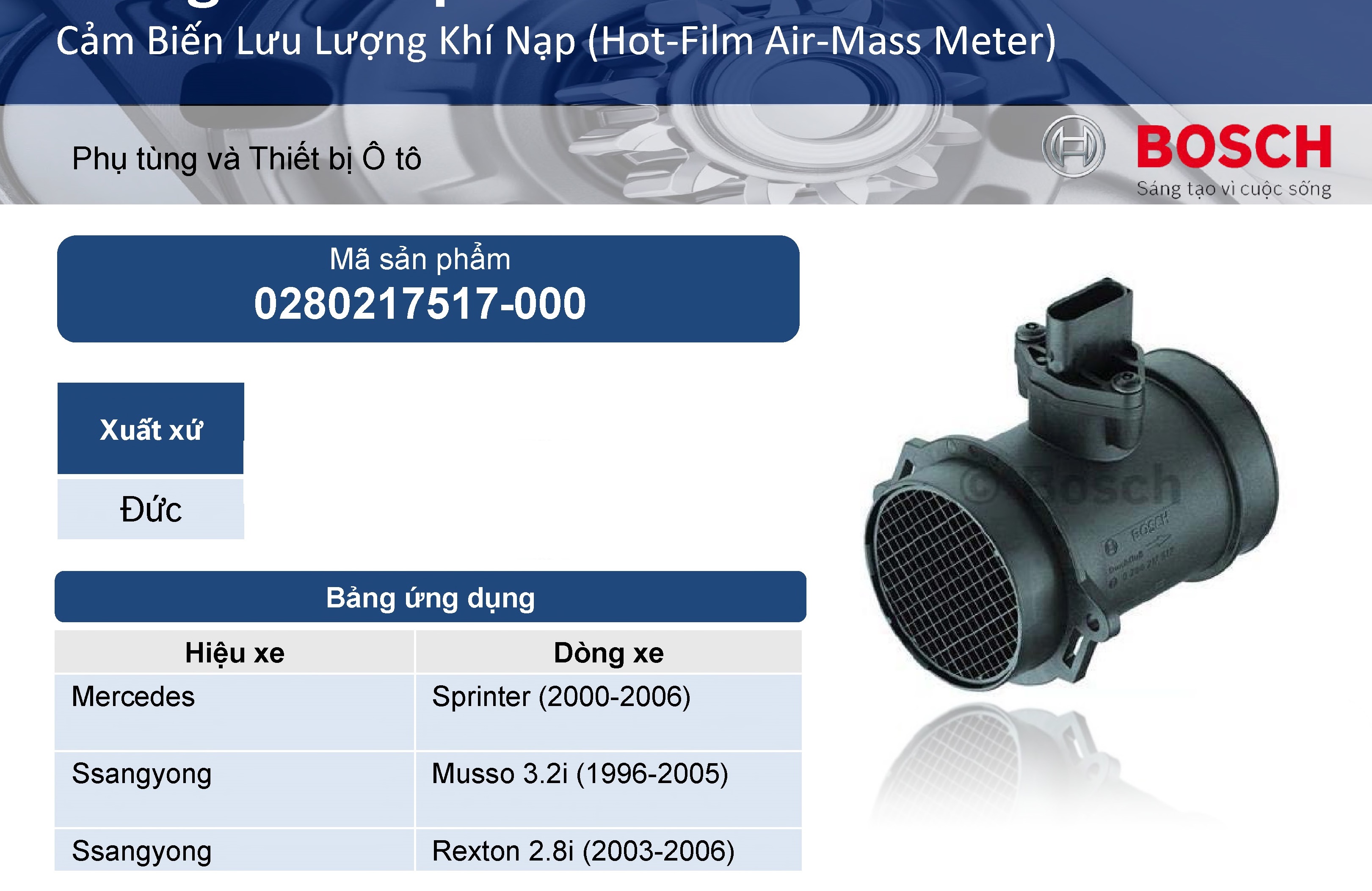 Cảm biến lưu lượng khí (Hot-Film Air Mass Meter) Mercedes Sprinter , Ssanyong Musso, Rexton - Bosch 7517