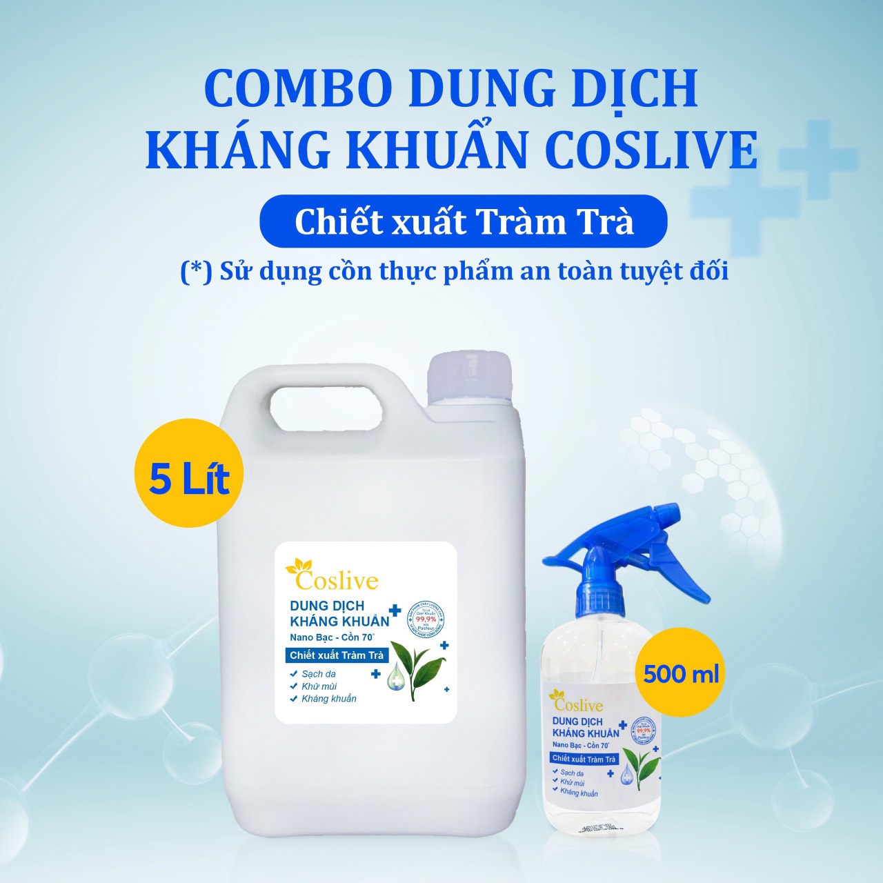 COMBO CAN 5L DUNG DỊCH KHÁNG KHUẨN TRÀM TRÀ COSLIVE ( TẶNG KÈM CHAI DUNG DỊCH KHÁNG KHUẨN TRÀM TRÀ 500ML COSLIVE)