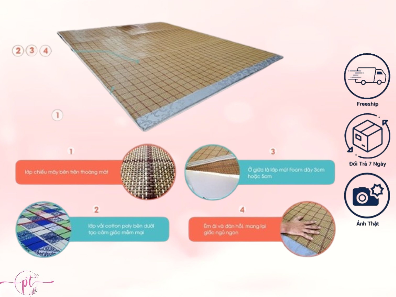 Chiếu Điều Hòa Sợi Mây Tổng Hợp Có Lớp Mút Foam Dày 3cm Đủ Size Thoáng Mát Và Êm Ái