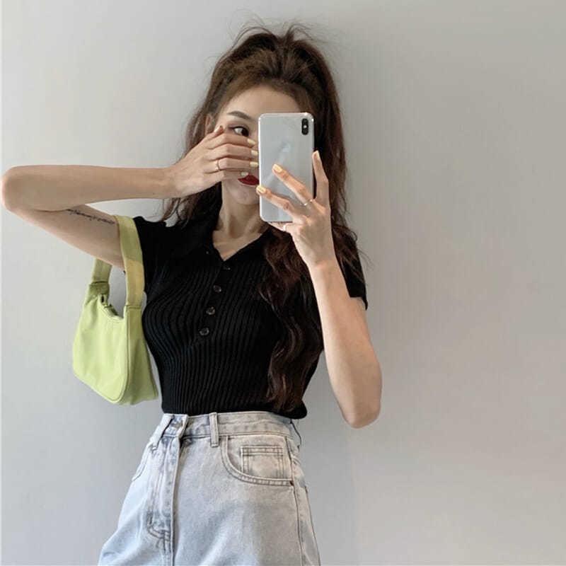 Áo croptop dệt kim tay ngắn cổ polo Happy Store thời trang Hàn Quốc thanh lịch