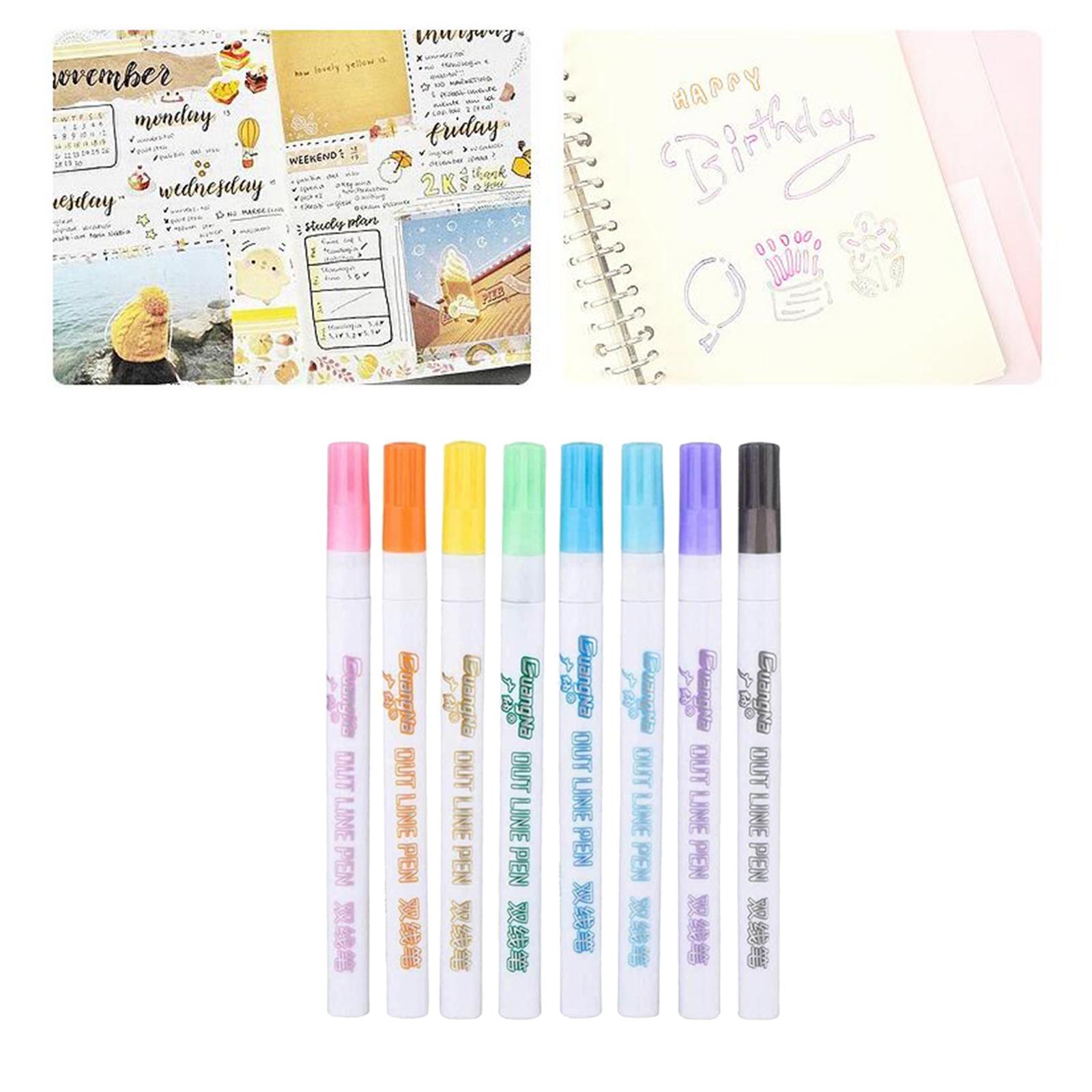 Double Line Markers Glitter Outline Pen, 8 Colors / 12 Colors Pens for Greeting Birthday Cards, Paintings, DIY Handbook, Illustration Sketching
