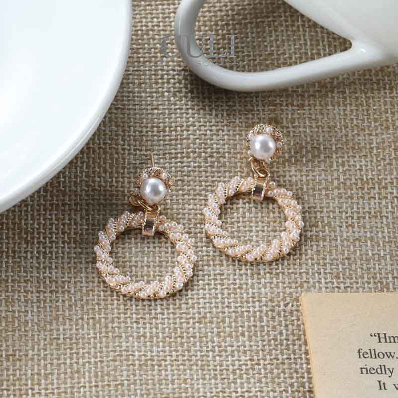 Khuyên tai dáng dài, khoen tròn đính đá phối hạt trai xinh xắn HT676 - Culi accessories