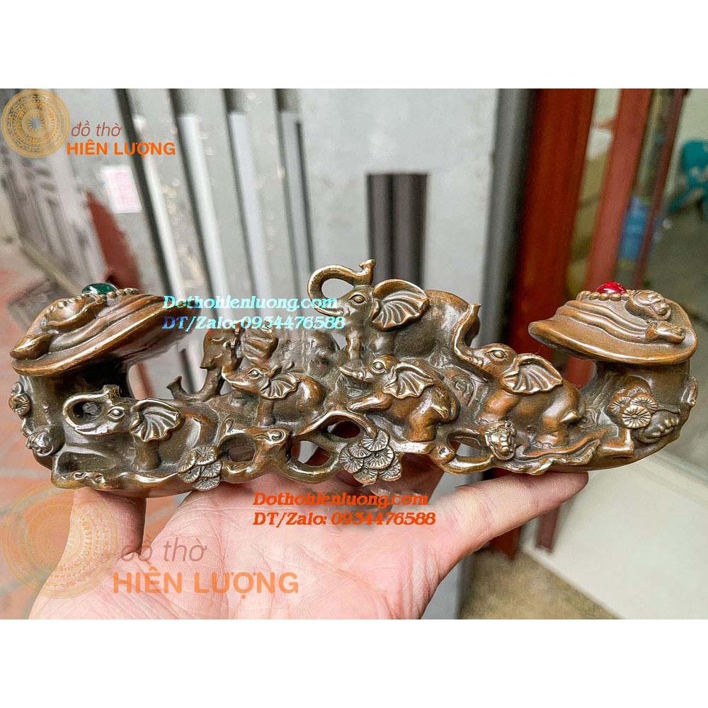 Gậy Như Ý Voi Ngọc Xanh Đỏ Bằng Đồng Hun Màu Nâu Giả Cổ Kích Thước 21x5x7cm, Nặng 0,7kg