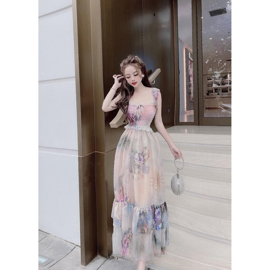 Đầm Maxi 2 Dây Bèo Nhún Ngực Bo Eo Đuôi Tầng Họa Tiết Hoa - Vải Chiffon - 2 Màu Hồng, Cam - Dành Cho Nàng Đi Dạo