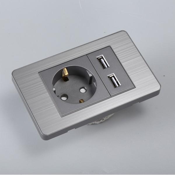 Ổ Cắm Chìm Chuẩn Đức Có USB Bo Viền Màu Xám Âm Tường Mặt Hợp Kim Thương Hiệu Nhật Tenko TK-C7-065
