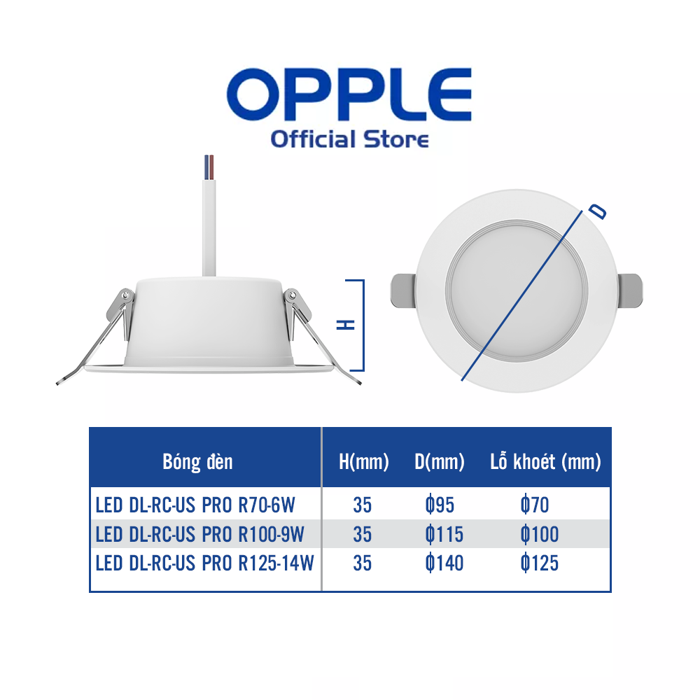 Đèn âm trần OPPLE Led Us Pro - Công suất , màu ánh sáng