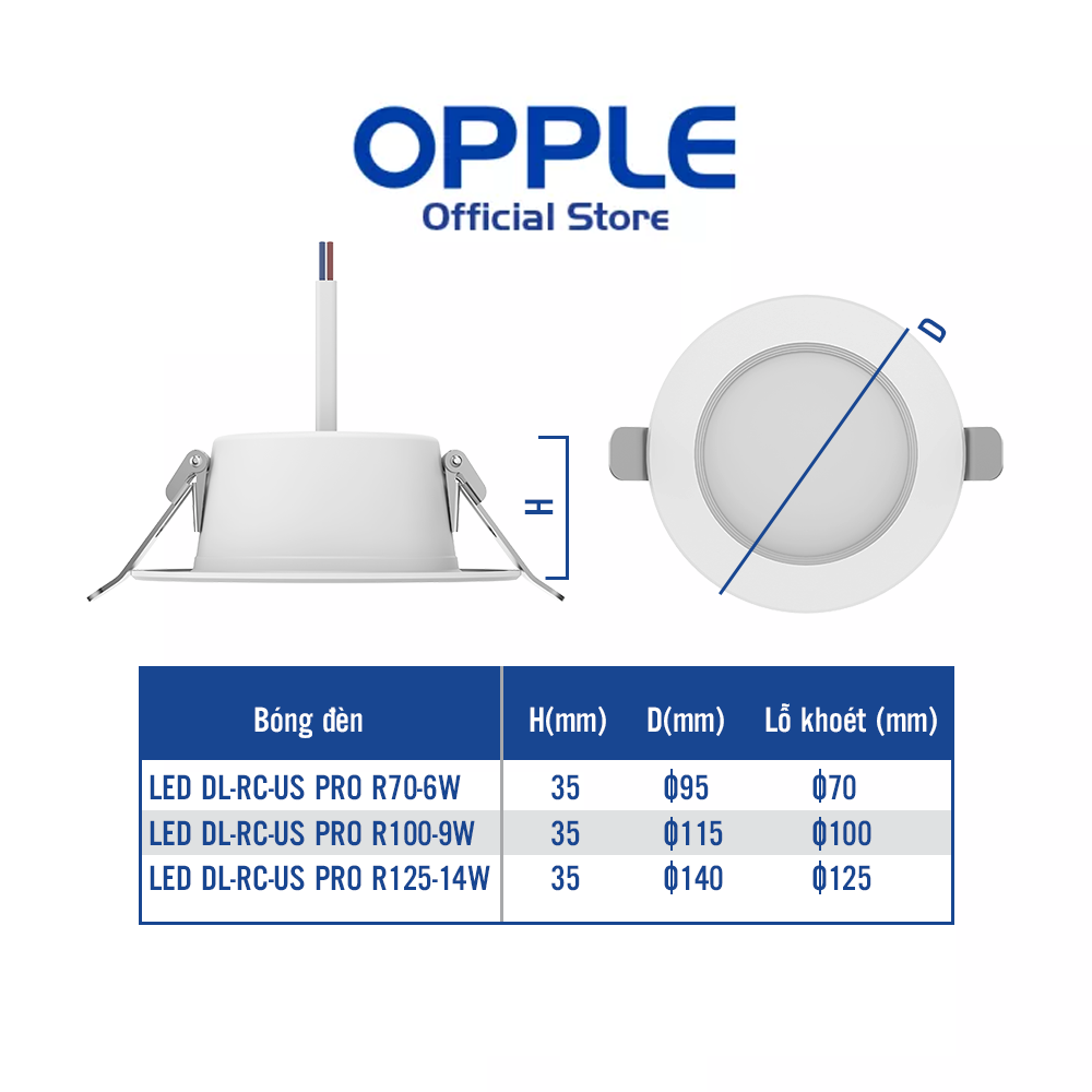 Đèn âm trần OPPLE Led Us Pro - Công suất (6W, 9W, 14W), màu ánh sáng (3000K, 4000K, 5700K)