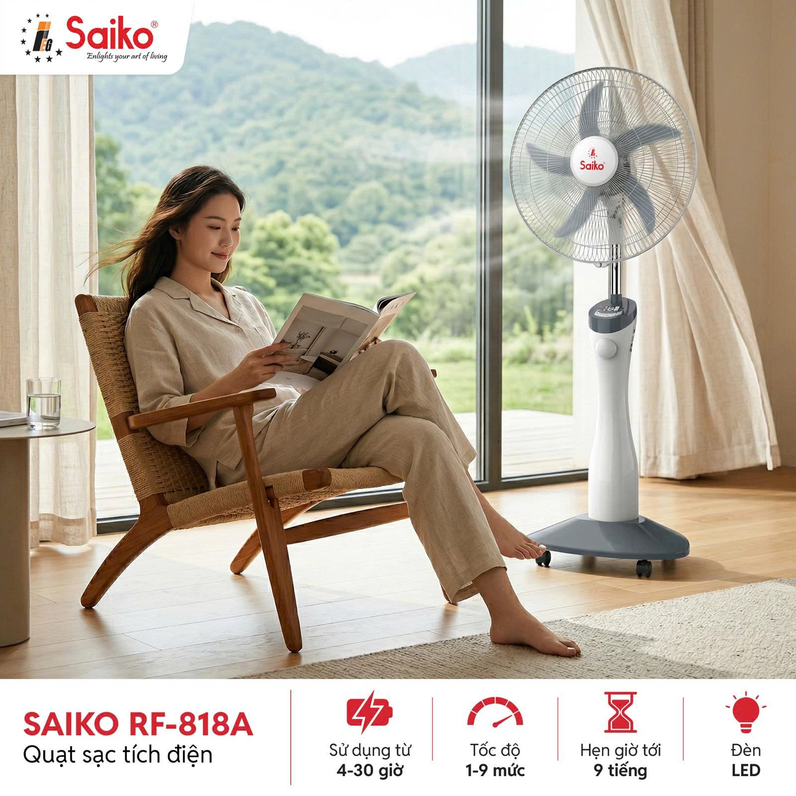 Quạt Sạc Tích Điện Năng Lượng Mặt Trời Saiko RF-818A hàng chính hãng