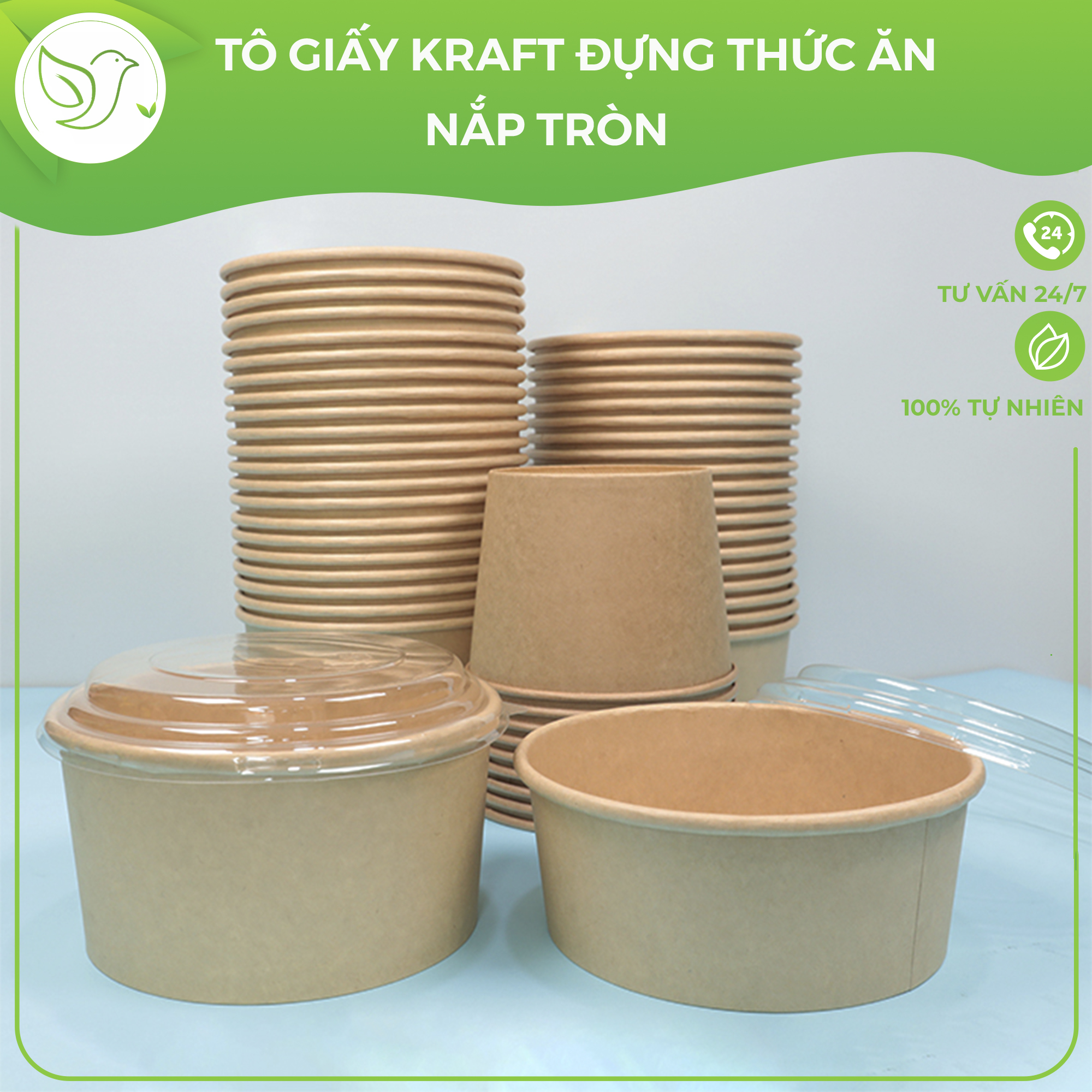 50 Tô giấy Kraft nâu đựng thức ăn, salad, bánh bông lan có nắp chịu nhiệt, chống thấm nhiều kích cỡ, thân thiện với môi trường