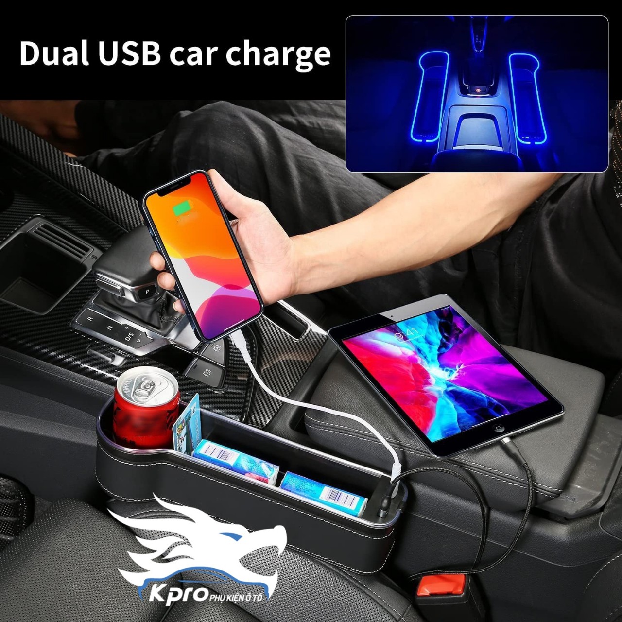 Khay đựng đồ khe ghế ô tô có đèn led + 2 cổng USB - Hàng Kpro chất lượng cao