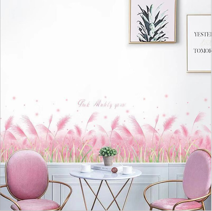 Decal dán chân tường Cỏ bông lau hồng dễ thương đẹp mộng mơ