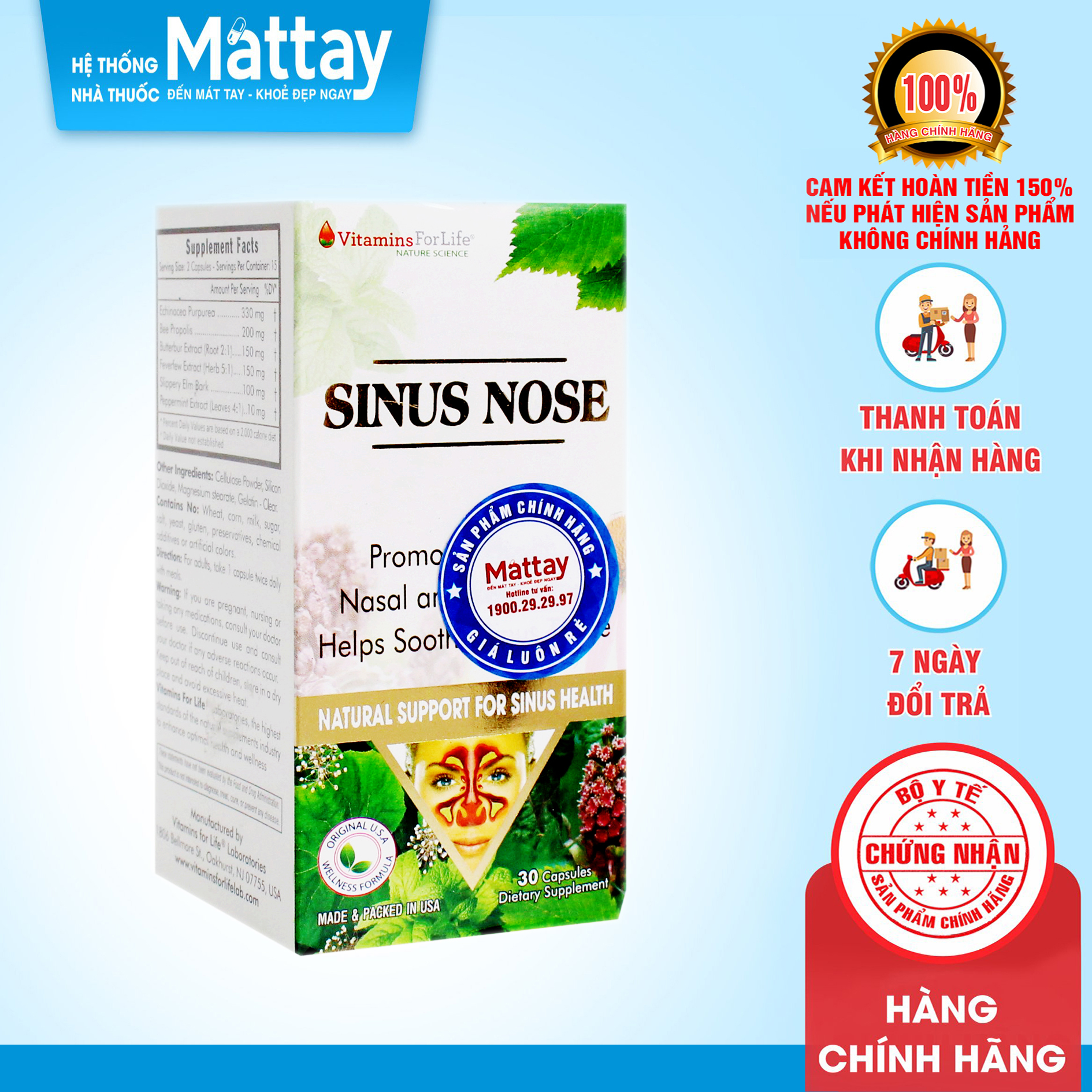 Sinus Nose - Chai 30 viên - Hỗ trợ xoang mũi hiệu quả, dị ứng mũi