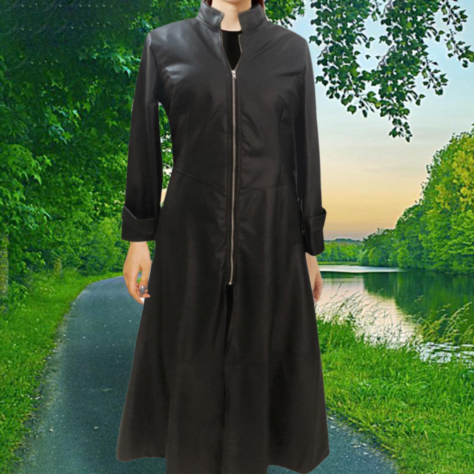 long coat dress jacket women winter pu leather S Black