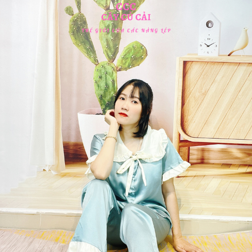 Bộ đồ ngủ pyjama cộc tay quần dài cố phối nơ, bộ pijama chất liệu phi lụa thấm hút mồ hôi CCC24