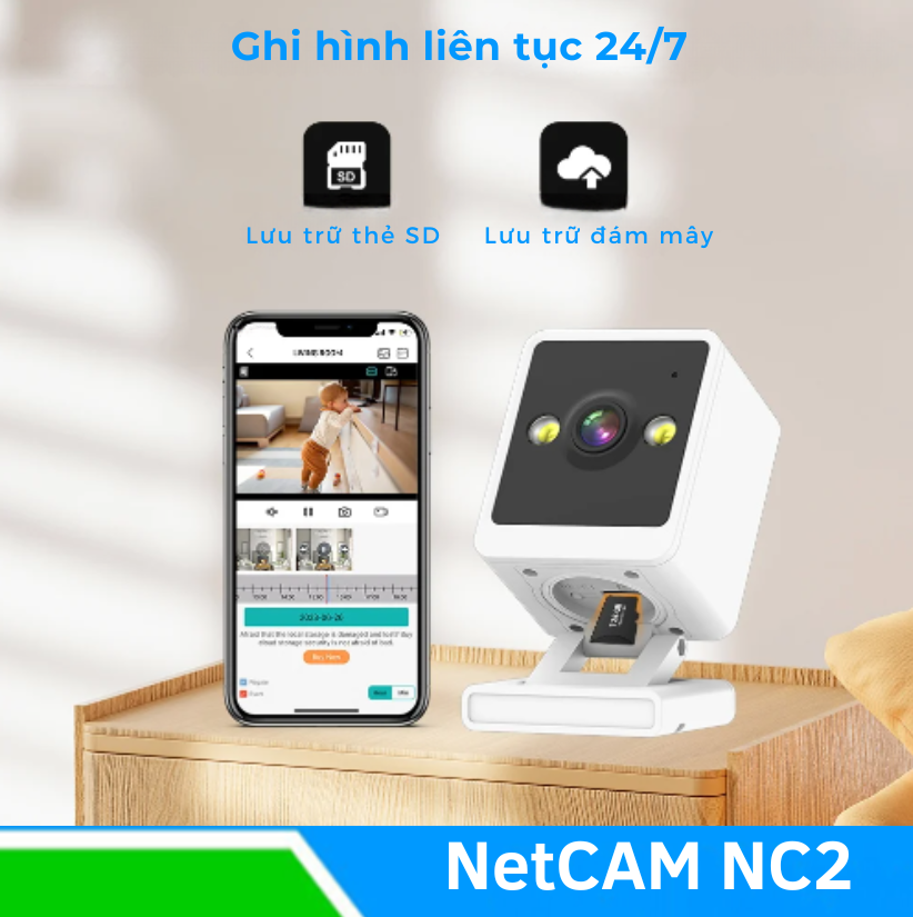 Camera WiFi Trong Nhà NetCAM NC2 2MP, Đế nam châm dễ dàng lắp đặt, Ghi hình màu Ban đêm - Hàng Chính Hãng