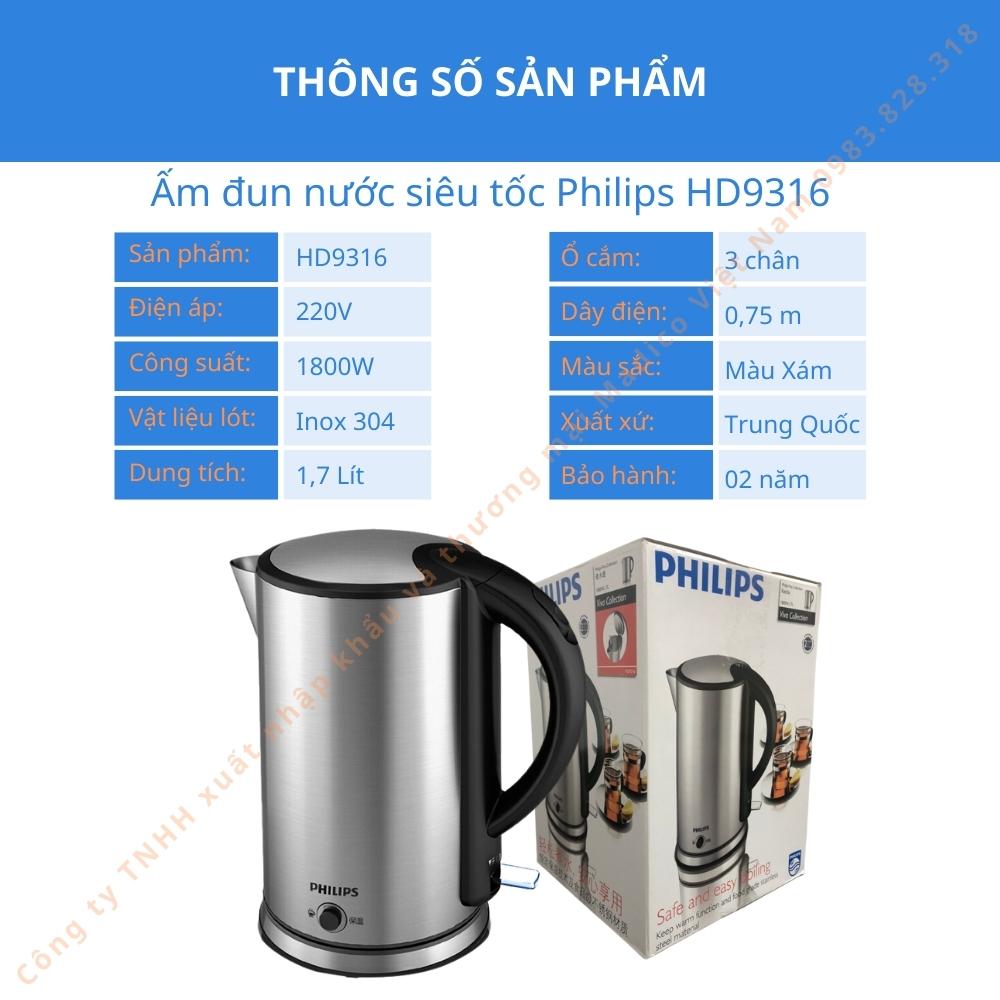 Ấm siếu tốc Philips HD9316 dung tích 1. 7 Lít - Hàng nhập khẩu