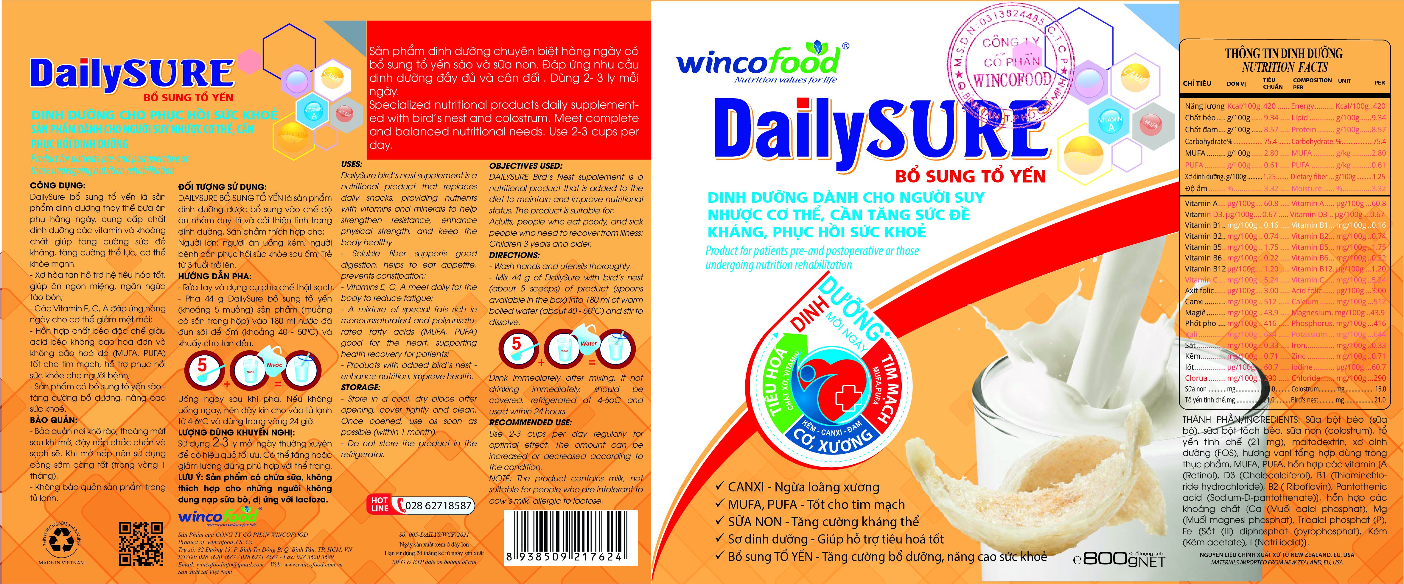 Sữa non bổ sung tổ yến Wincofood DailySURE (800g/lon): Ngừa loãng xương - thoái hóa khớp, phục hồi sức khỏe...