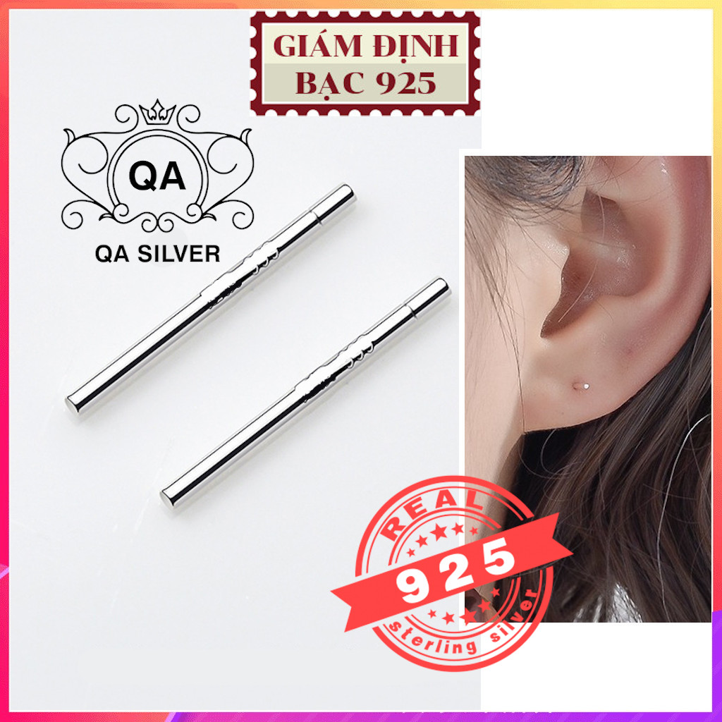 Bông tai bạc 925 phủ Platinum khuyên tăm nam nữ thanh thẳng trơn giữ lỗ S925 BASIC Silver Earrings QA Silver EA200702