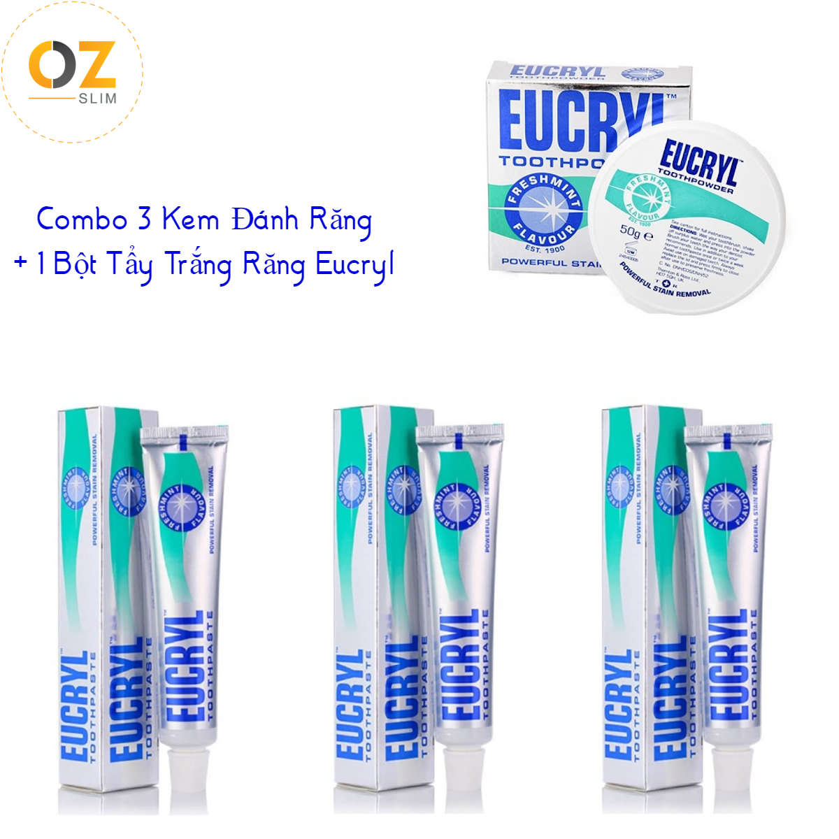 Combo 3 Kem Đánh Răng 62g và 1 Bột Tẩy Trắng Răng Eucryl 50g - Hàng nội địa Anh