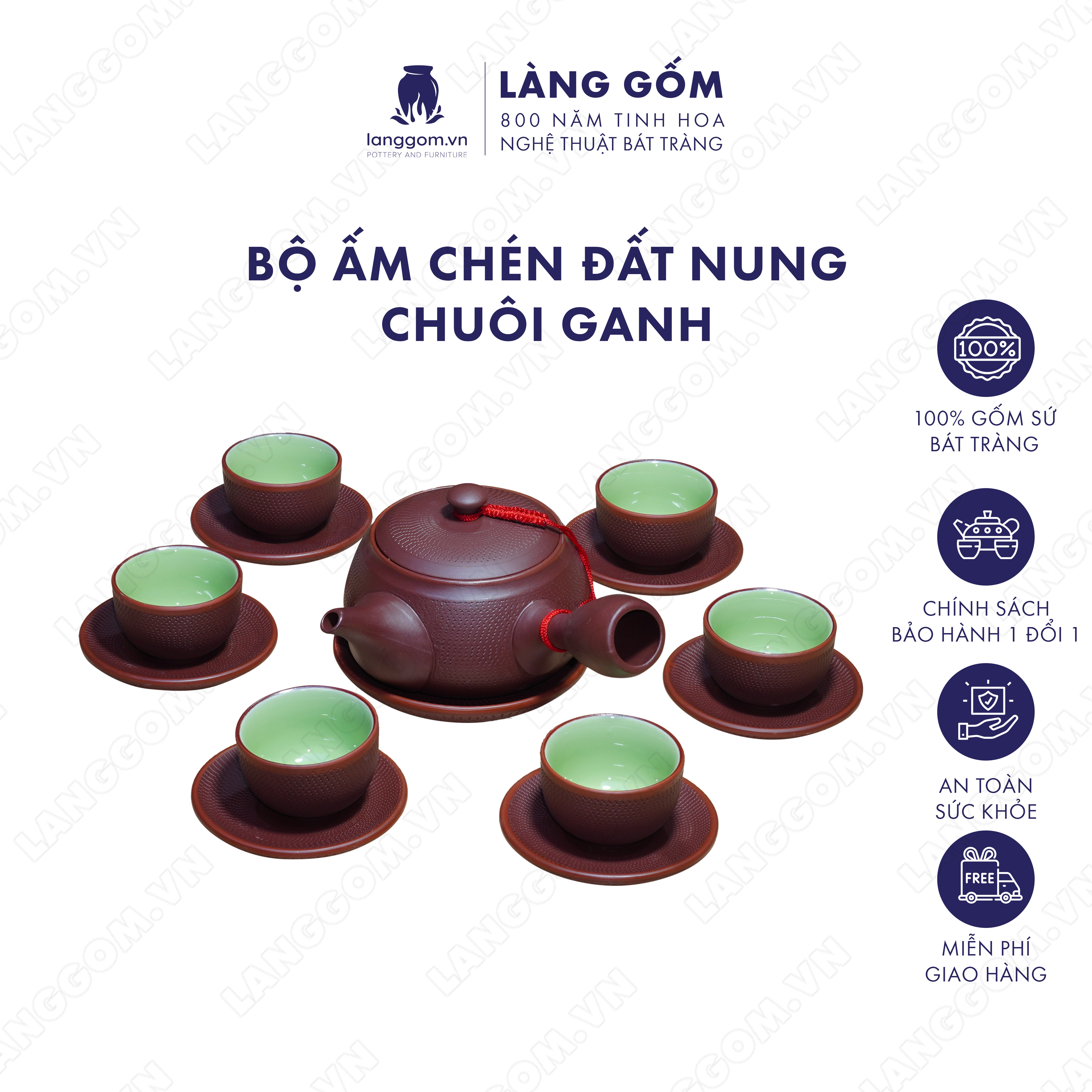 Bộ ấm chén đất nung chuôi ganh - Men mộc - Gốm sứ Bát Tràng - langgom.vn