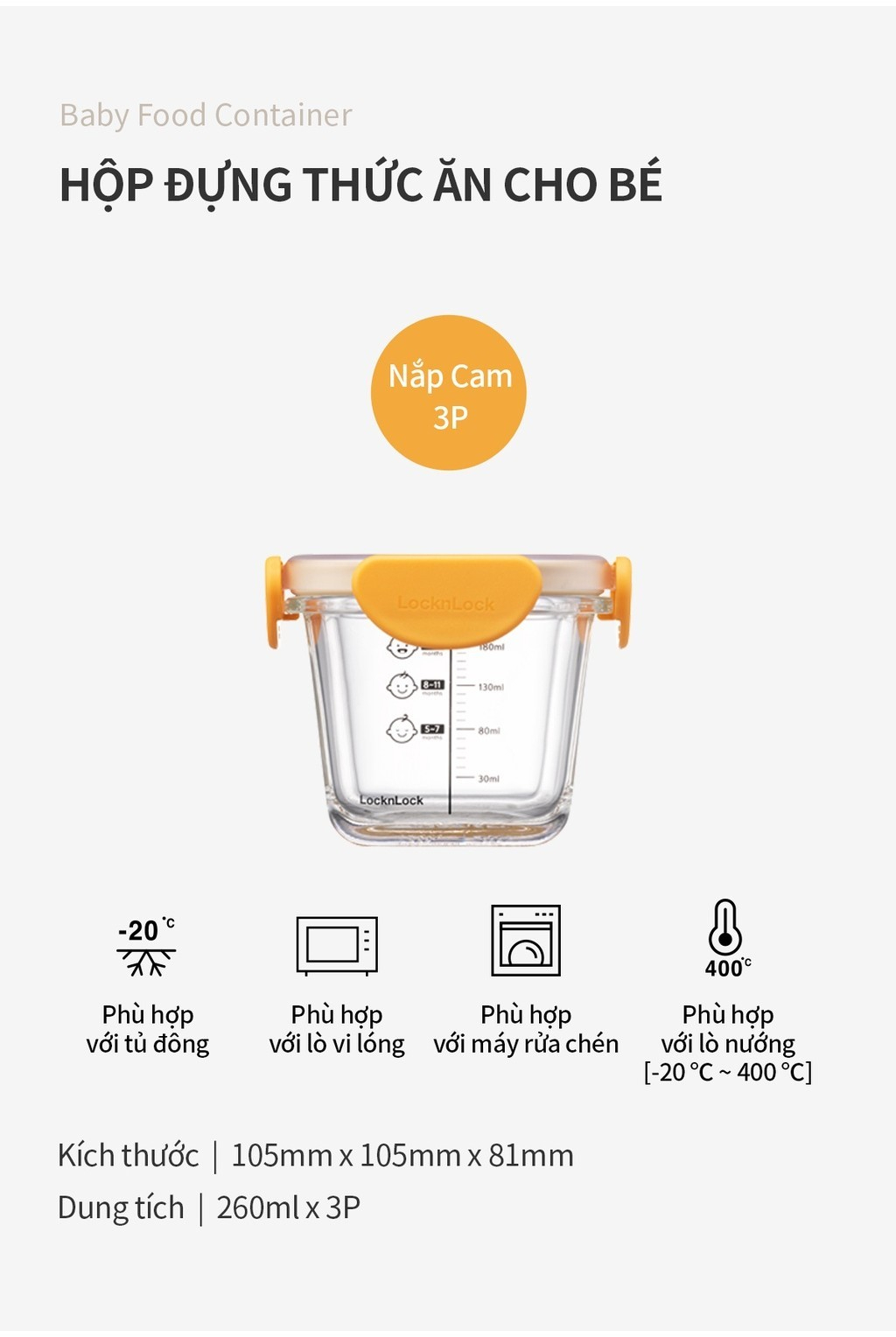 Bộ 3 hộp thủy tinh đựng thức ăn dặm cho bé Lock&amp;Lock 230ml x 3 hộp LLG508S3 - Hàng chính hãng, có vạch chia - JoyMall