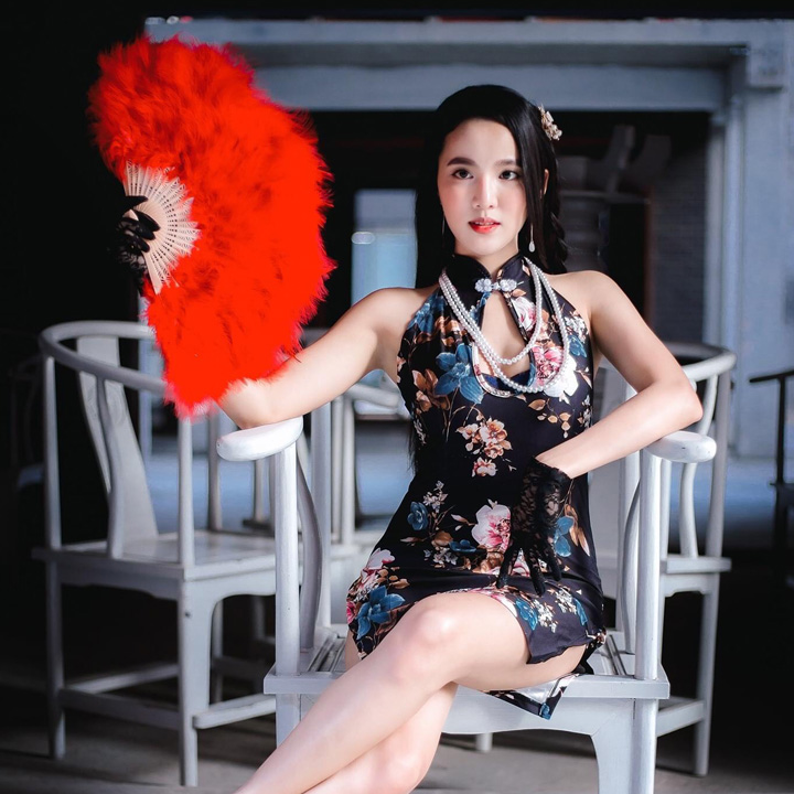 Váy ngủ sườn xám hoa xẻ sexy Q35 - Đầm ngủ sườn xám
