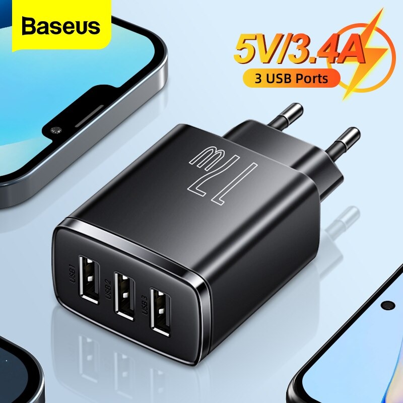 Củ Sạc Điện Thoại Baseus Compact Charger 3 Cổng USB 17W Điện Áp Từ 100V Cho Đến 240V - Hàng Chính Hãng