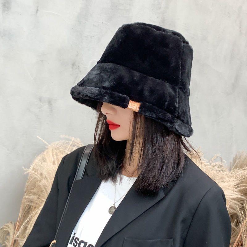 Mũ Bucket Lông Cừu Màu Sắc Trơn Phong Cách Hàn Quốc Thời Trang Thu Đông Cho Nữ - Đen