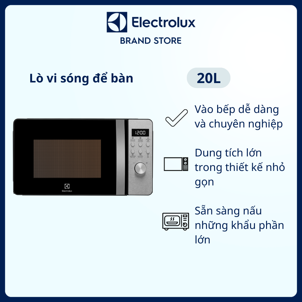 Lò vi sóng để bàn Electrolux 20L EMM20D38GB Dung tích lớn trong, thiết kế nhỏ gọn, rã đông nhanh chóng [Hàng chính hãng]