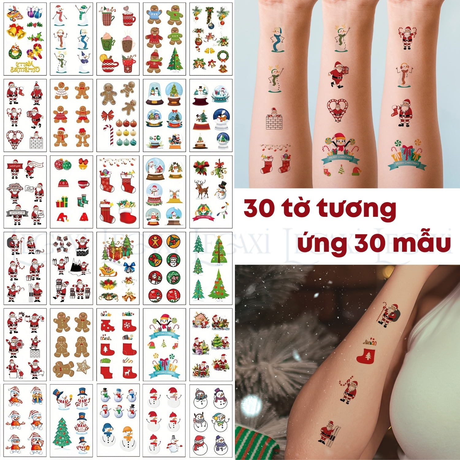 30 tờ hình xăm dán Giáng sinh Noel 180 hình lễ hội cây thông quả cầu tuyết tất người tuyết tuần lộc santa claus ông già nôen chuông misletoe gingerbread man Legaxi