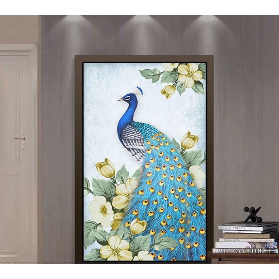 Tranh treo tường phong thủy trang trí nội thất hình chim công đủ màu