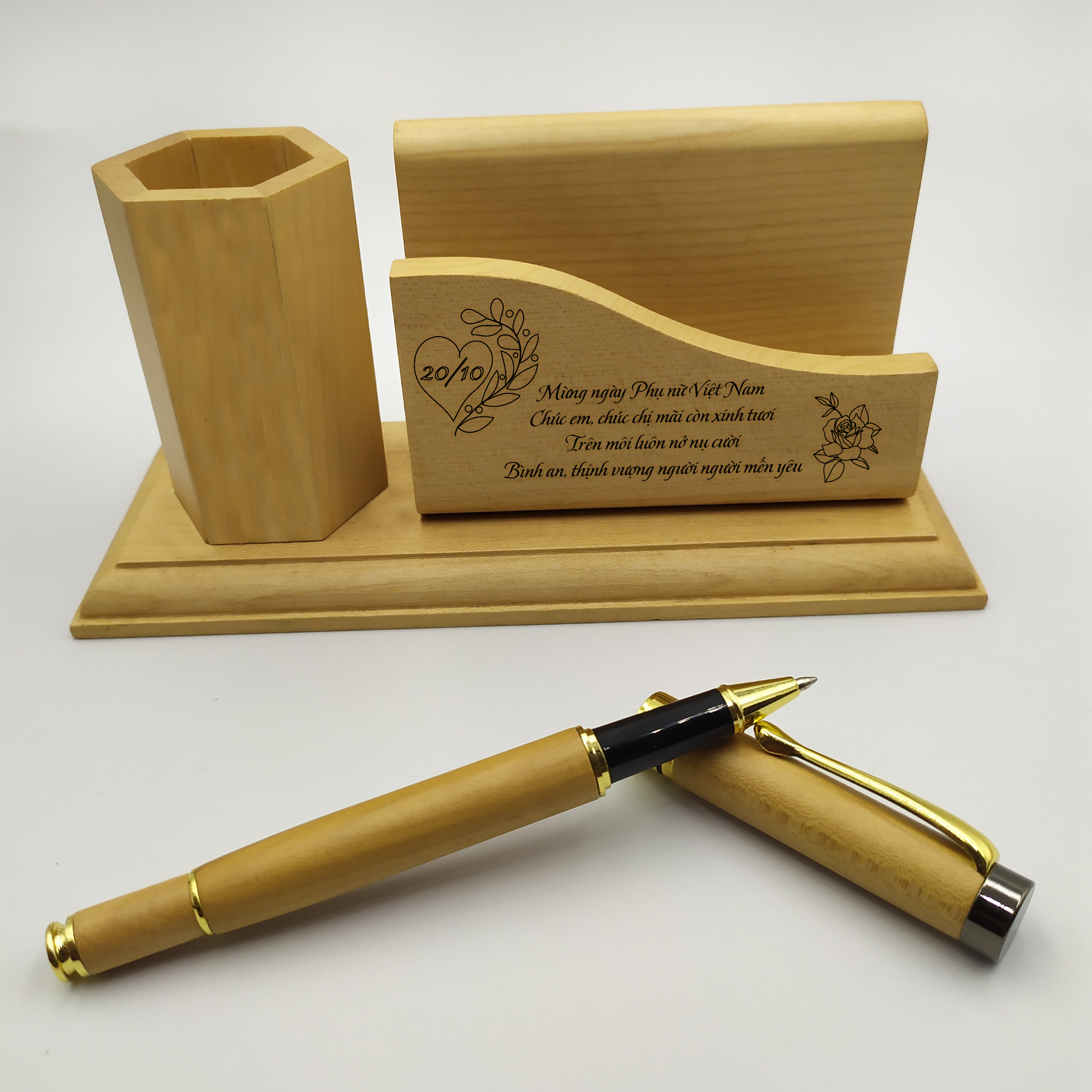Khay gỗ đựng viết, danh thiếp &amp; bút gỗ cao cấp - Quà tặng 20/10 - mẫu 01