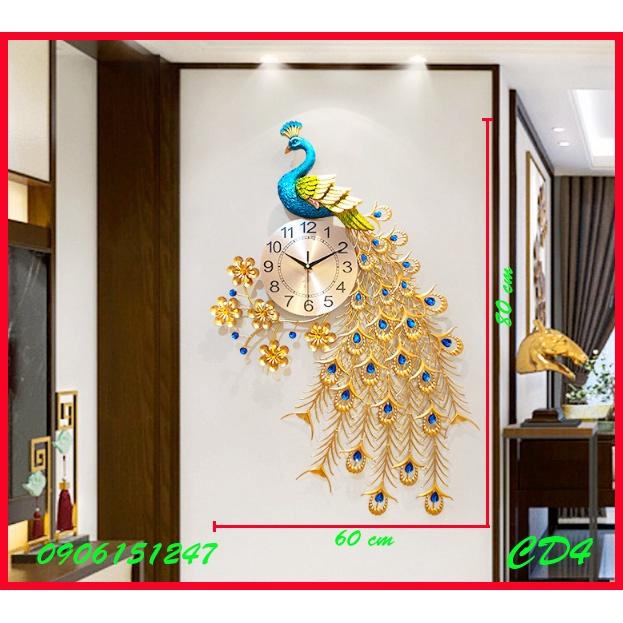Đồng hồ treo tường trang trí decor chim công CD4 Khổng Tước vàng kích thước 80 x 60 cm