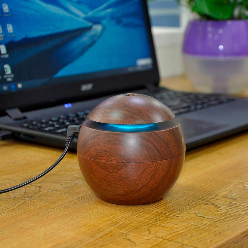 Máy Xông Tinh Dầu Tạo Độ Ẩm Hình Tròn Vân Gỗ Có Đèn Led-Màu Vàng - Giao Hàng Toàn Quốc