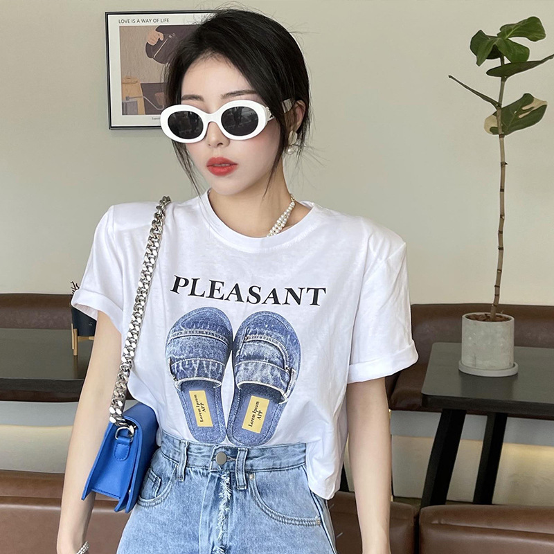 Áo cộc tay bé gái 7-14 tuổi hình đôi dép và chữ PLEASANT, Áo hè cho bé hàng Quảng Châu cao cấp vải cotton co giãn