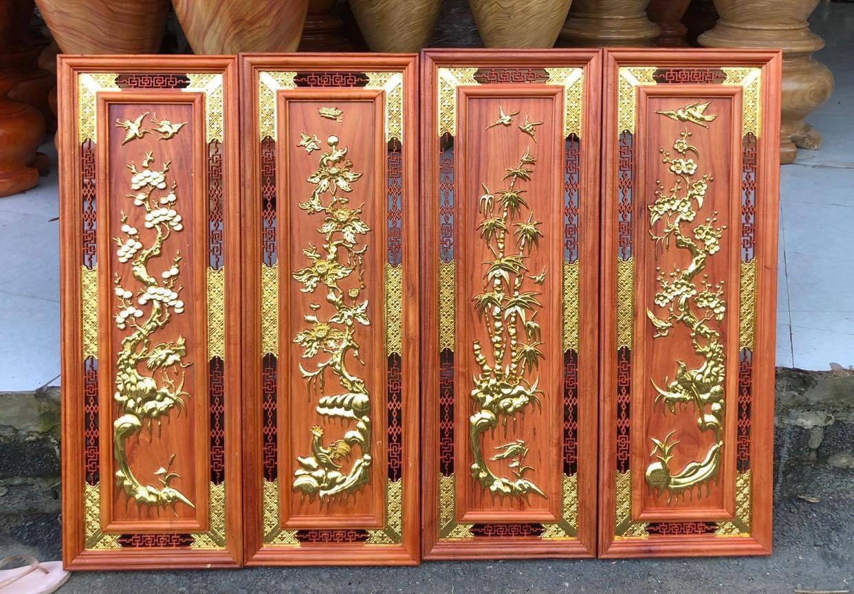 Tranh tứ quý gỗ hương dát vàng cao 107x37x3 CM