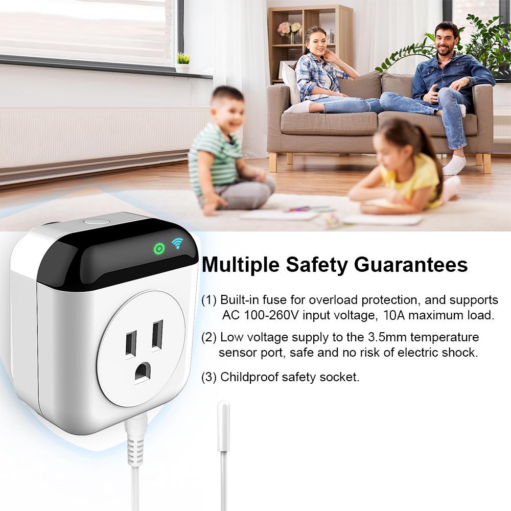 Programmable Smart Wifi Thermostat Plug Outlet Mini Temperature Controller 10A Plug-in Socket APP Control Voice Control Schedule Timer Electric Switch for Heating Cooling Appliances