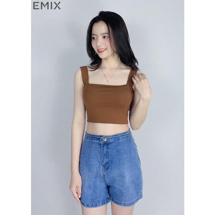 Áo croptop nữ 2 dây bản to EMIX (4 màu), dáng ngắn, cổ vuông, có mút lót, vải cotton co giãn, thấm hút tốt 6045