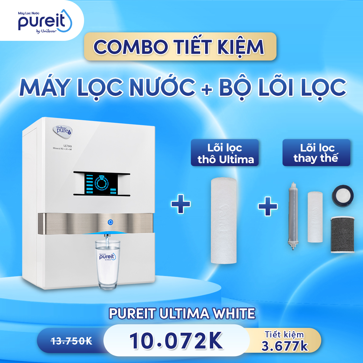 [COMBO TIẾT KIỆM] Máy Lọc Nước Pureit Ultima Trắng và Lõi lọc thô, Bộ lọc thay thế Pureit Ultima 1 (GKK1) - Hàng chính hãng