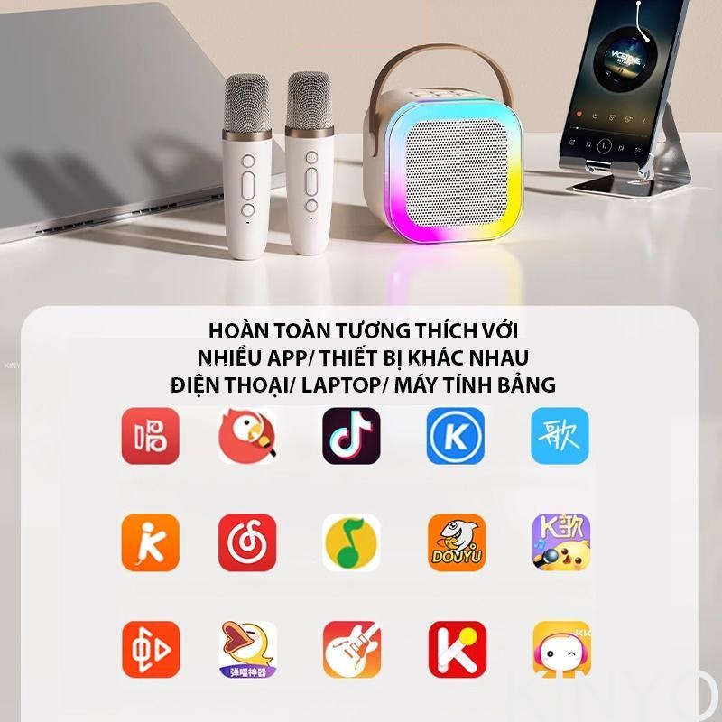 Loa bluetooth mini tặng kèm 2 mic hát karaoke, loa karaoke không dây âm thanh bass hay cùng đèn led có bảo hành - Hàng chính hãng